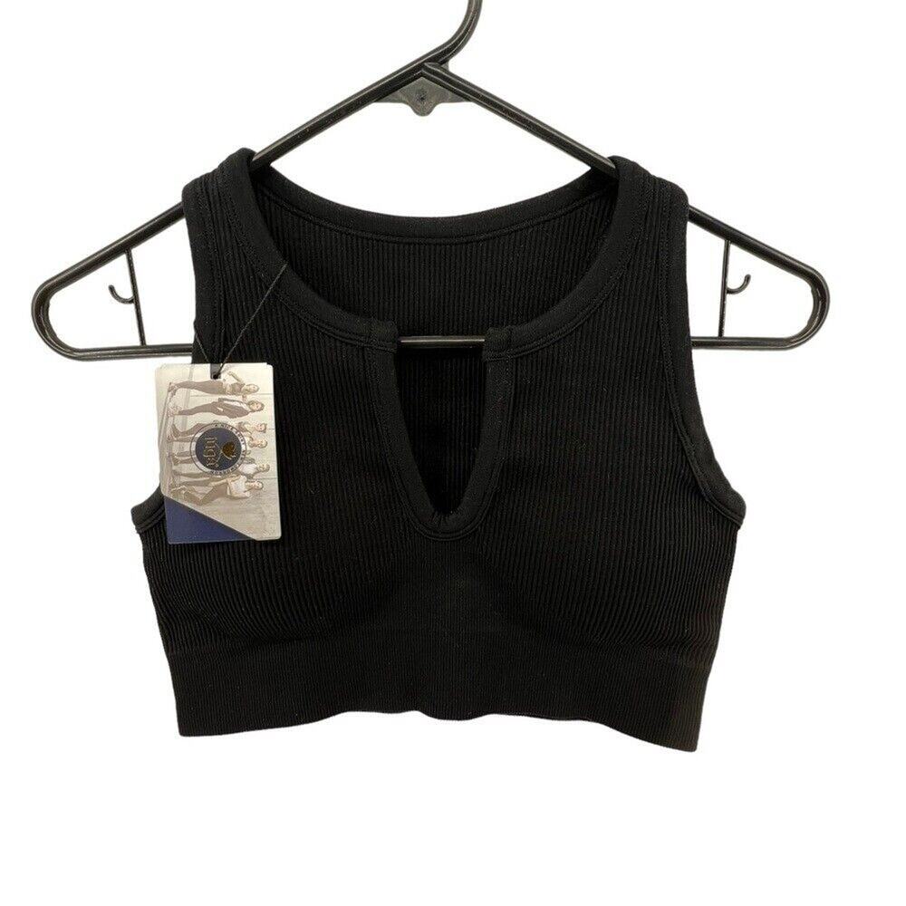 Iuga Size Medium Black Sports Bra Yoga Workout NEW Ribbed Notch Neckline